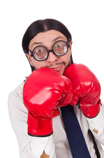 Lustiger junger Geschäftsmann mit Boxhandschuhen auf weißem Grund — Stockfoto