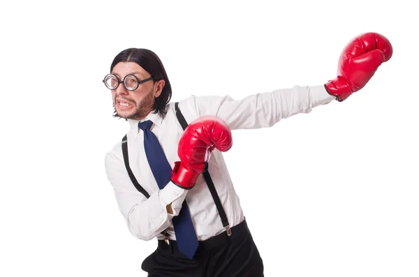 Joven empresario divertido con guantes de boxeo aislados en blanco — Foto de Stock