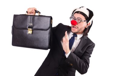 Beyaz arka planda izole komik palyaço işadamı