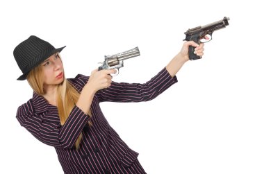 Klasik konseptte silahlı kadın gangster.