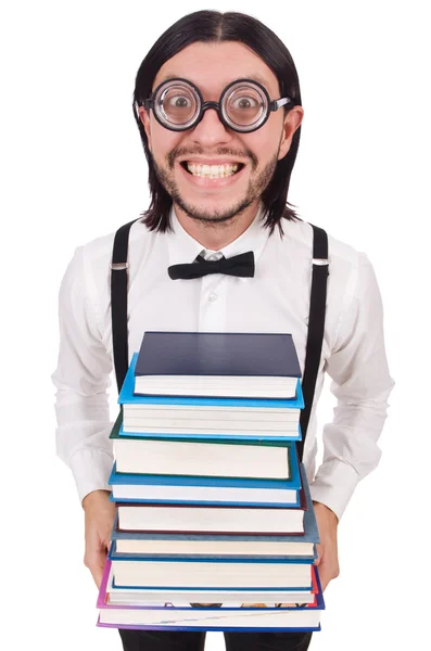 Estudante engraçado com livros isolados em branco — Fotografia de Stock