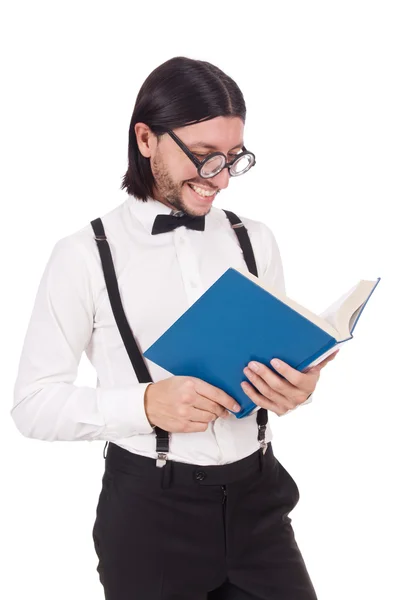 Estudiante divertido con libros aislados en blanco —  Fotos de Stock