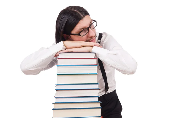 Studente divertente con libri isolati su bianco — Foto Stock