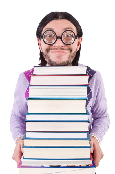 Grappige student met boeken geïsoleerd op wit — Stockfoto