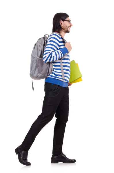 Estudiante corriendo a la lección aislado en blanco —  Fotos de Stock