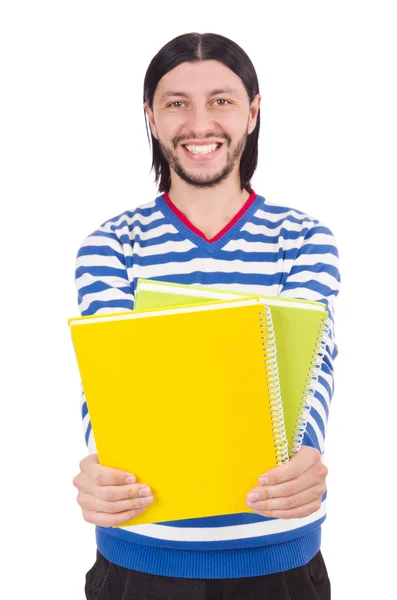 Studente divertente con libri isolati su bianco — Foto Stock