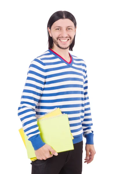 Student mit Büchern auf Weiß — Stockfoto