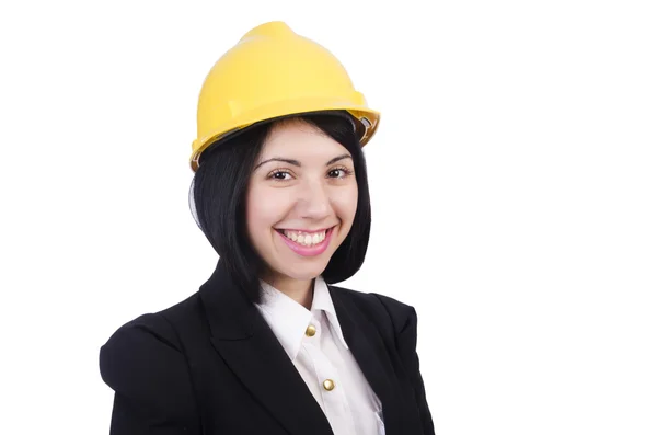 Stavební dělník žena s přilbou — Stock fotografie