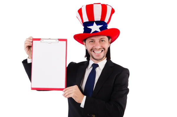 Biznesmen sobie USA kapelusz z papieru na białym — Zdjęcie stockowe