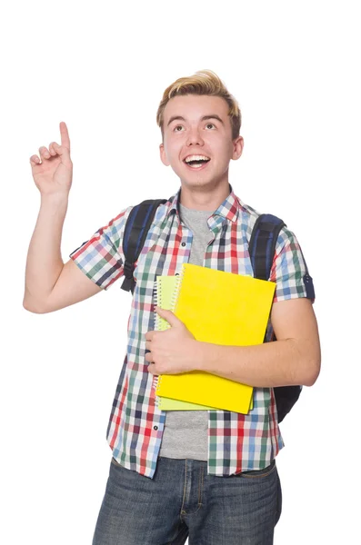 Étudiant appuyant sur le bouton virtuel isolé sur blanc — Photo