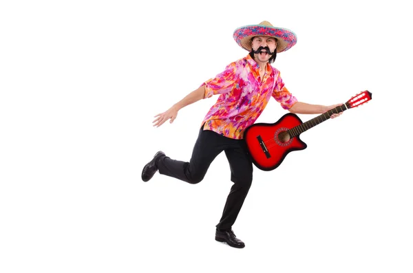 Mexikanska manliga brandishing gitarr isolerad på vit — Stockfoto