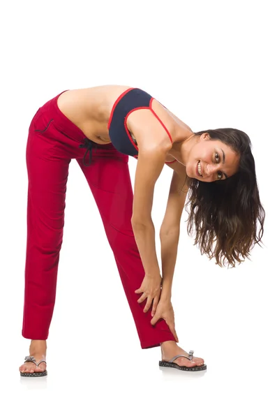 Young woman doing exercises on white — Stock Photo, Image