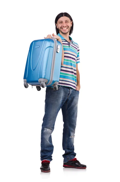 Young man travelling with suitcases isolated on white — Stock Photo, Image