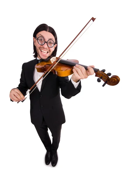 Homme drôle avec instrument de musique sur blanc — Photo