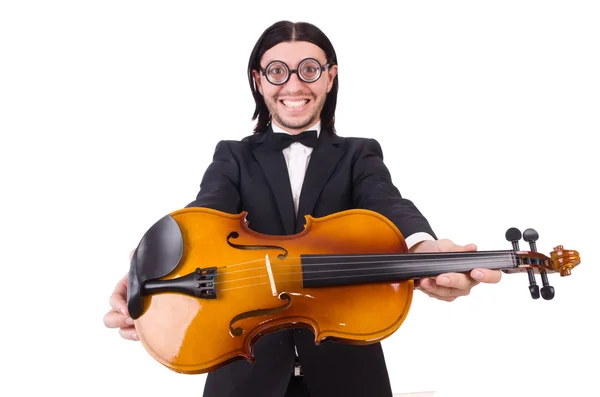 Lustiger Mann mit Musikinstrument auf Weiß — Stockfoto