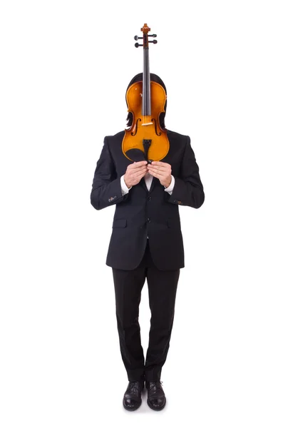 Lustiger Mann mit Musikinstrument auf Weiß — Stockfoto