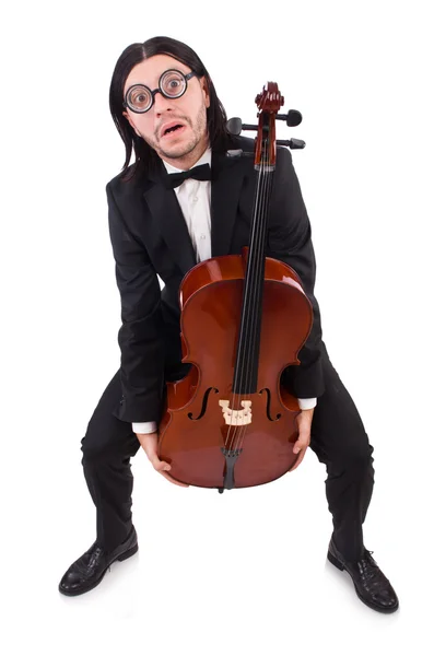 Homem engraçado com instrumento de música em branco — Fotografia de Stock