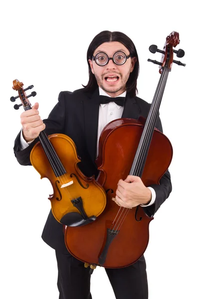 Hombre divertido con instrumento de música en blanco — Foto de Stock