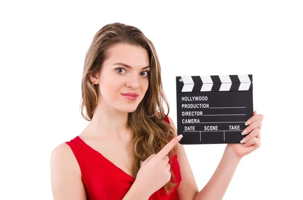 Kobieta z clapperboard — Zdjęcie stockowe