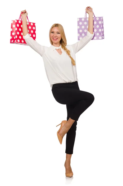 Mujer después de las buenas compras de Navidad aislado en blanco —  Fotos de Stock