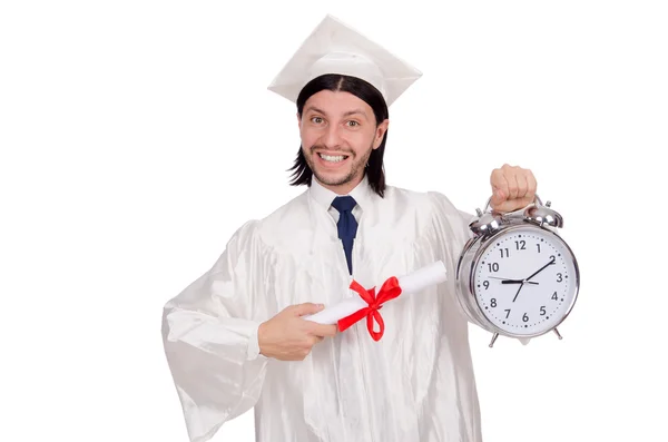 Student mist zijn deadlines met klok op wit — Stockfoto