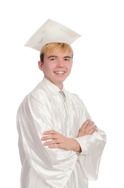 Joven estudiante masculino graduado de la escuela secundaria en blanco —  Fotos de Stock