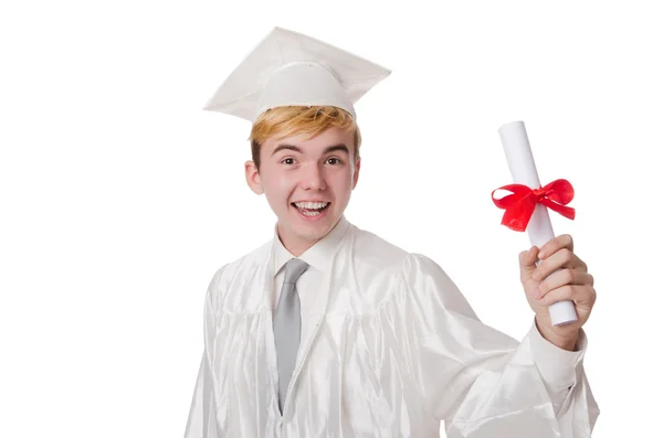 Jonge mannelijke student afgestudeerd aan de middelbare school op wit — Stockfoto