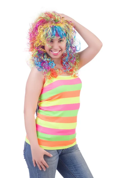 Woman with colourful wig isolated on white — Stock Photo, Image