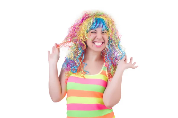 Mujer con peluca colorida aislada en blanco —  Fotos de Stock