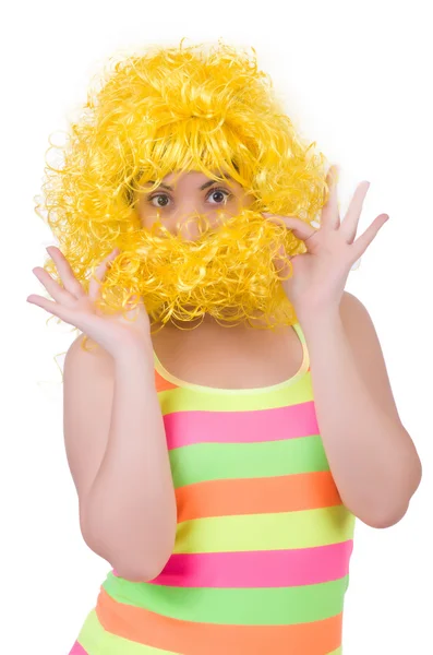 Woman with colourful wig isolated on white — Stock Photo, Image