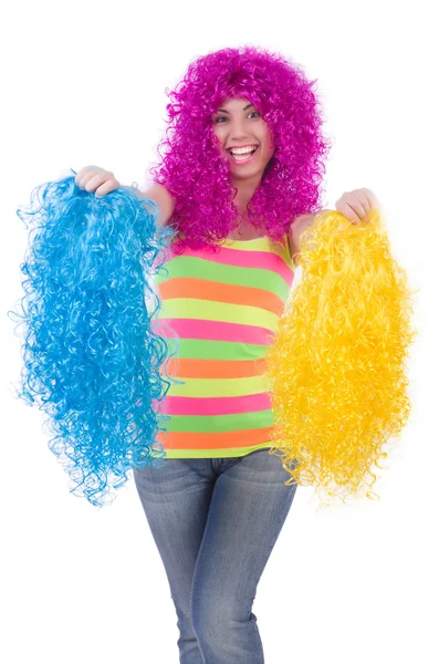 Woman with colourful wig isolated on white — Stock Photo, Image