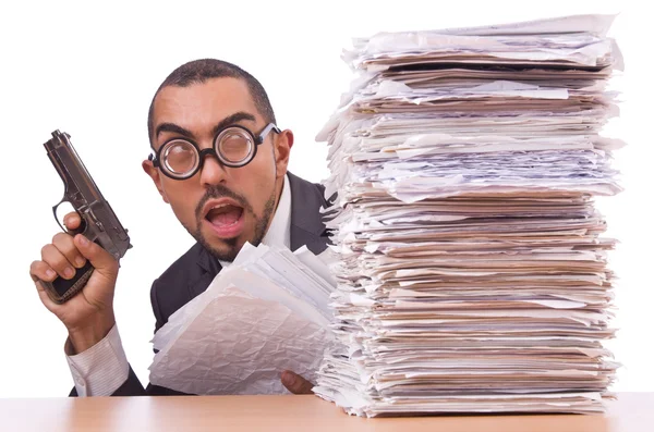Angry businessman with stack of papers — Stock Photo, Image