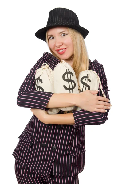 Femme avec des sacs d'argent isolé sur blanc — Photo