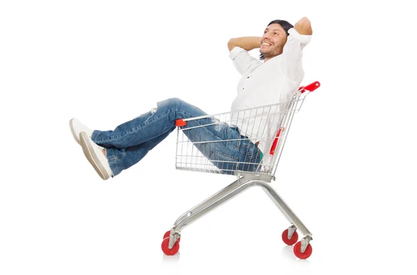 Man shopping with supermarket basket cart isolated on white Stock Photo