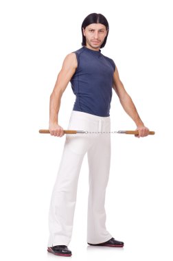 Beyaz mınçıka takmış komik bir karate dövüşçüsü