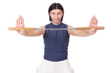 Beyaz mınçıka takmış komik bir karate dövüşçüsü