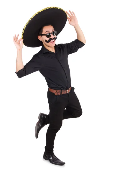 Grappige man draagt Mexicaanse sombrero hoed geïsoleerd op wit — Stockfoto