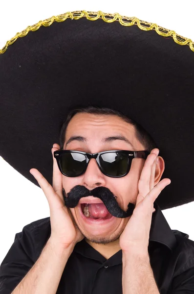 Funny man wearing mexican sombrero hat isolated on white — Stock Photo, Image