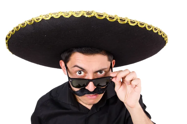 面白い男身に着けているメキシコのsombrero帽子隔離された上に白 — ストック写真