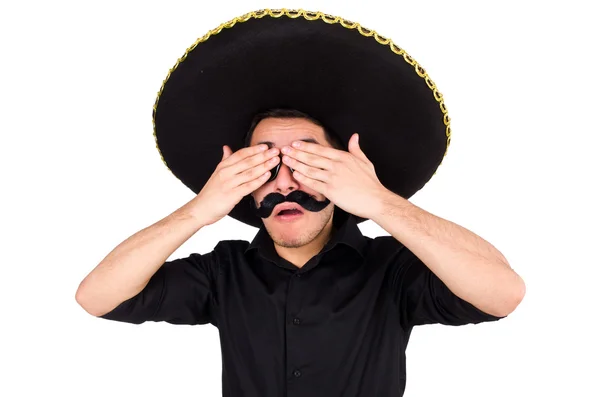 Homme drôle portant chapeau sombrero mexicain isolé sur blanc — Photo