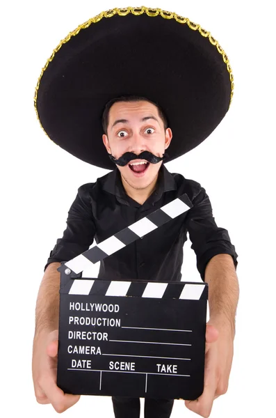 Homme drôle portant chapeau sombrero mexicain isolé sur blanc — Photo