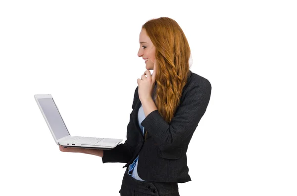 Businesswoman with laptop isolated on white — Stock Photo, Image