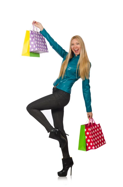 Mujer con bolsas aisladas en blanco —  Fotos de Stock