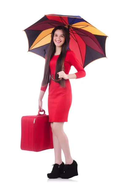 スーツケースと傘を持った女性 — ストック写真
