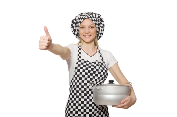 Donna cuoca con pentola — Foto Stock