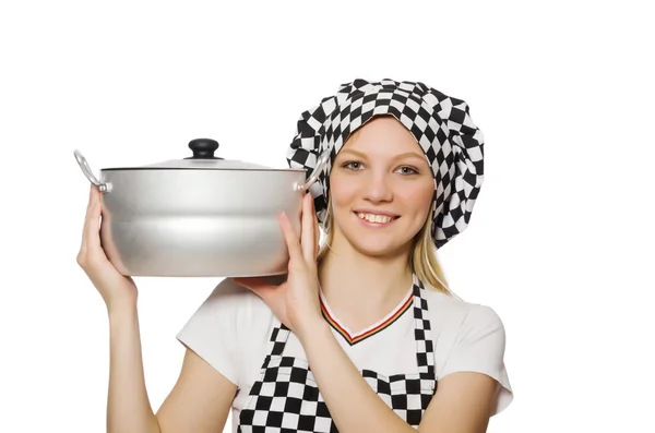 냄비와 여자 요리사 — 스톡 사진