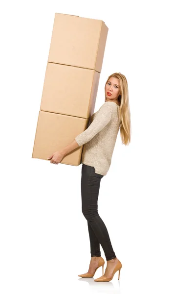 Woman with boxes relocating to new house — Stock Photo, Image