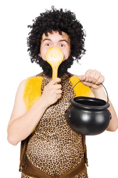 Funny caveman with pot isolated on white — Stock Photo, Image