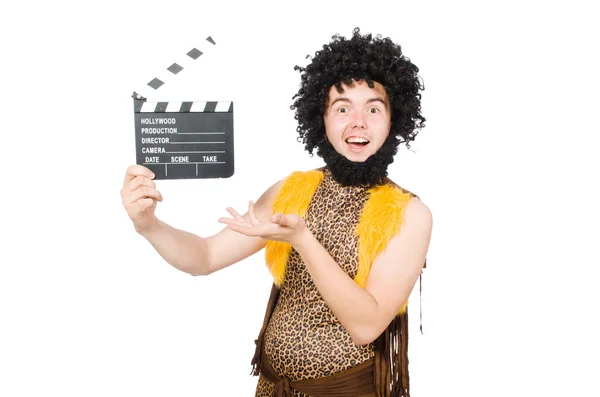Cave man met film board geïsoleerd op wit — Stockfoto
