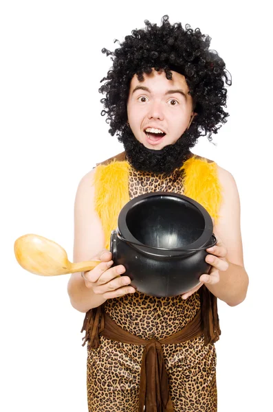 Funny caveman with pot isolated on white — Stock Photo, Image